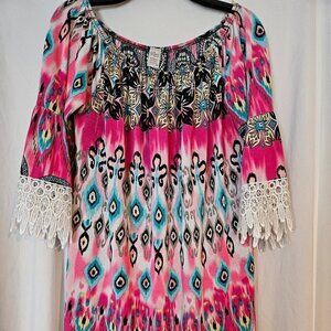 WinWin Tunic Boho Blouse Size XLarge 3/4 Lace Multi-Color Hippie Women's
